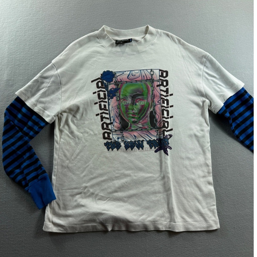 Vitriol Graphic Tee Mens Small White Long Sleeve Layered Look Cyberpunk